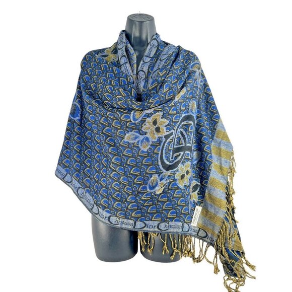 Pashmina silk/cashmere butterfly flower logo print‎ scarf shawl navy 70x 26 in - Picture 1 of 6